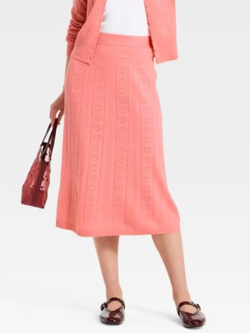 A New Day Women's Pink Pointelle Heart Sweater Skirt NWT